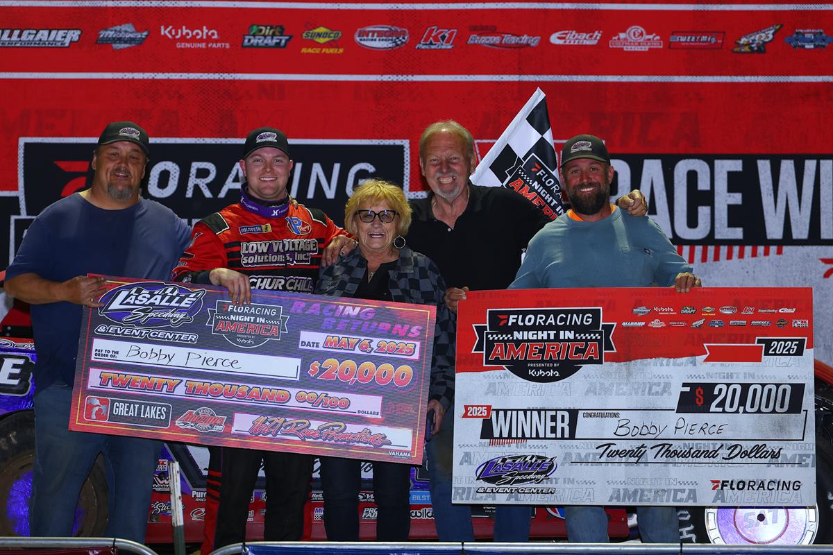 Bobby Pierce and father Bob Pierce are joined by (left to right) promoters Tony Izzo Jr., Kerry Izzo and Justin McCoy. Bobby Pierce earned $20,000 in May 6's FloRacing Night in America presented by Kubota opener at La Salle (Ill.) Speedway.