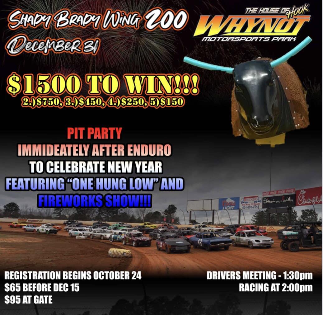 The next event for Whynot Motorsports Park is the Shady Brady Wing 200