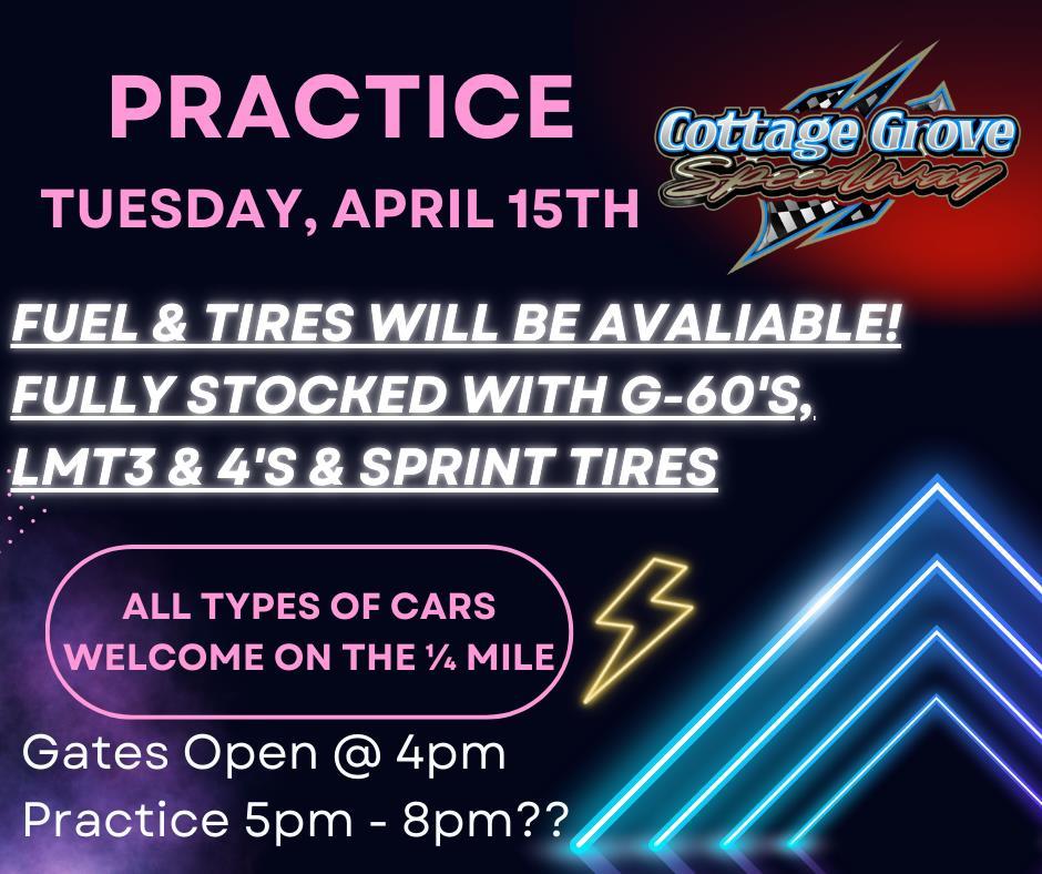 THE TRACK IS READY FOR TUESDAY NIGHT PRACTICE! THIS TUESDAY, APRIL 15TH!!