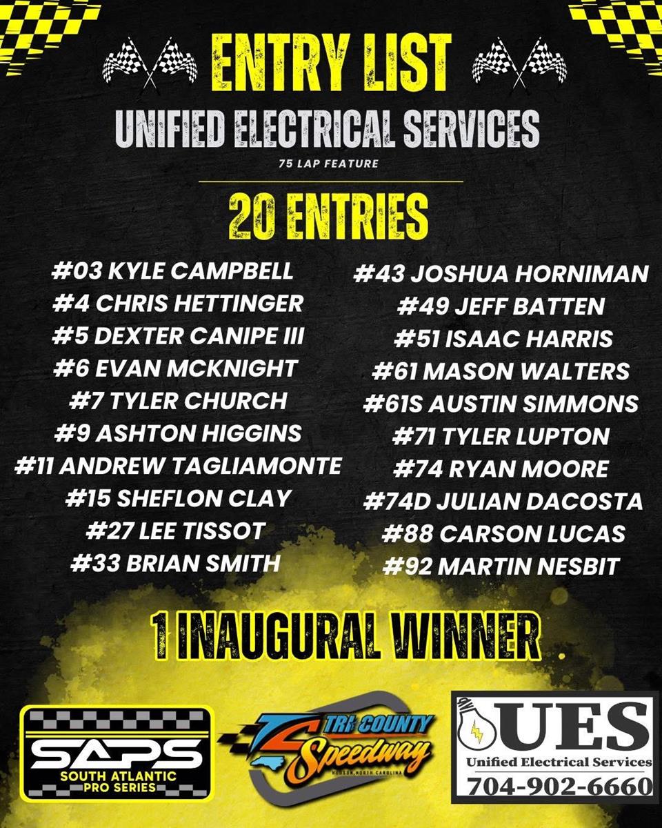 SAPS Entry List For Tri County Speedway