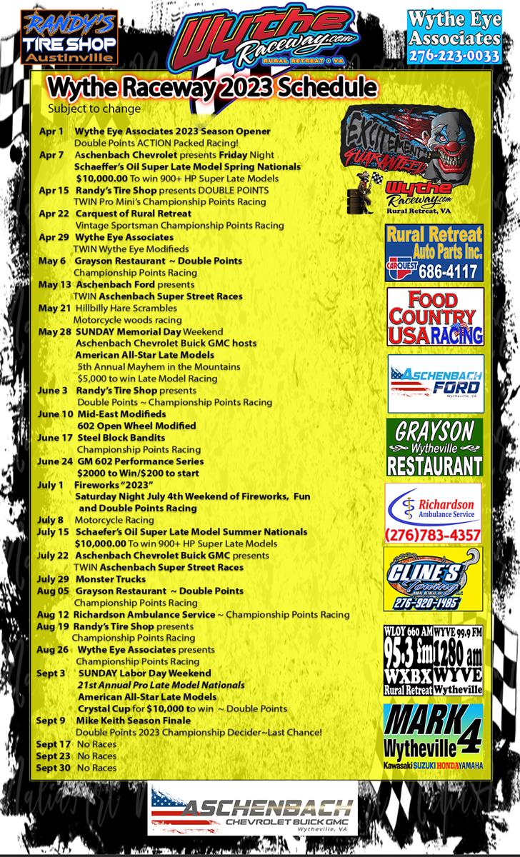 2023 Schedule Wythe Raceway Updated 040923
