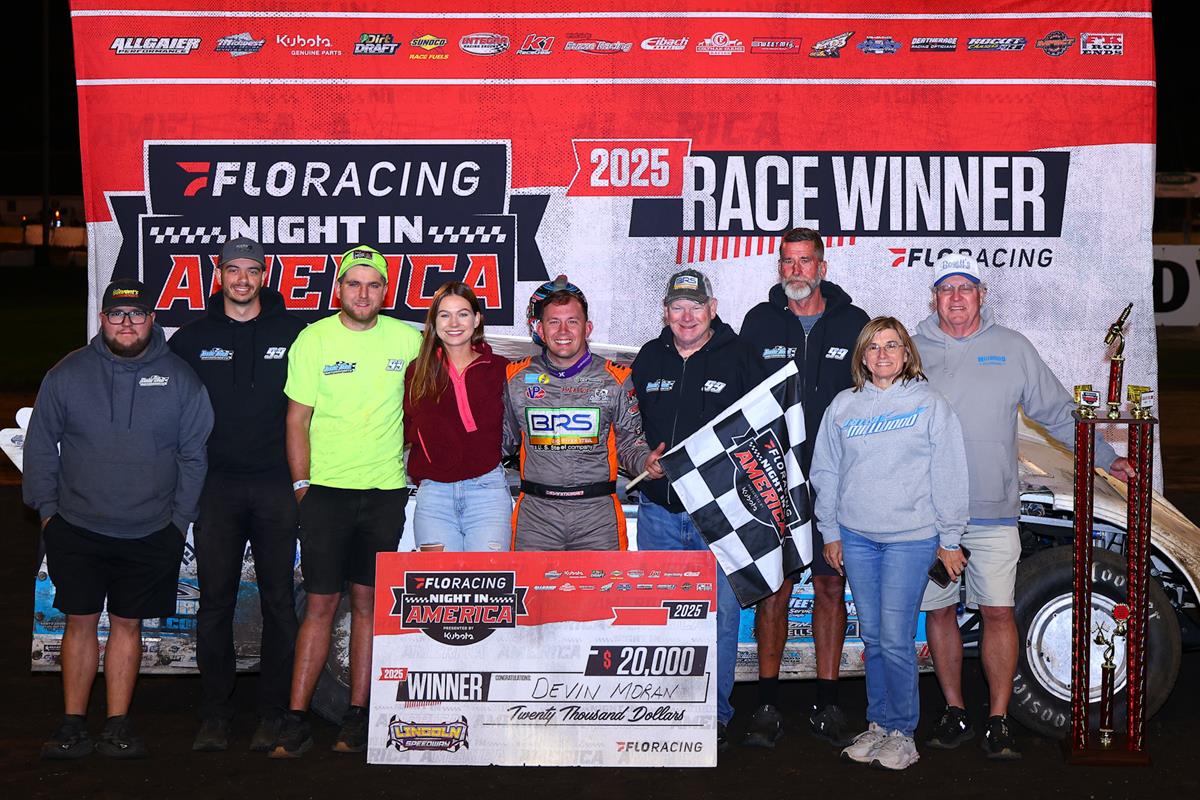 Devin Moran won the FloRacing Night in America presented by Kubota event at Lincoln (Ill.) Speedway on Thursday, May 8.