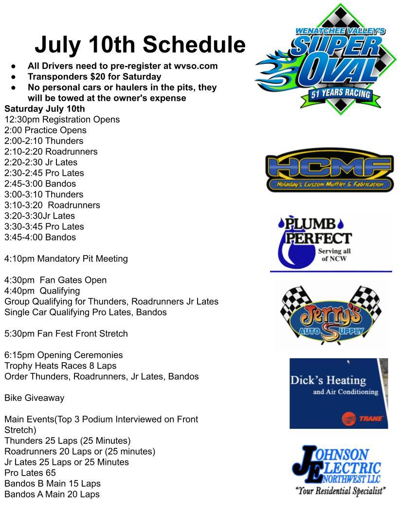 July 10th Race day Schedule
