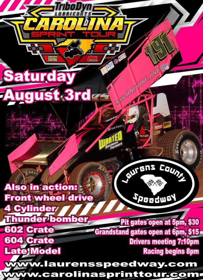 TriboDyn Lubricants Carolina Sprint Tour Set for Lone Trip to Laurens County Speedway This Saturday