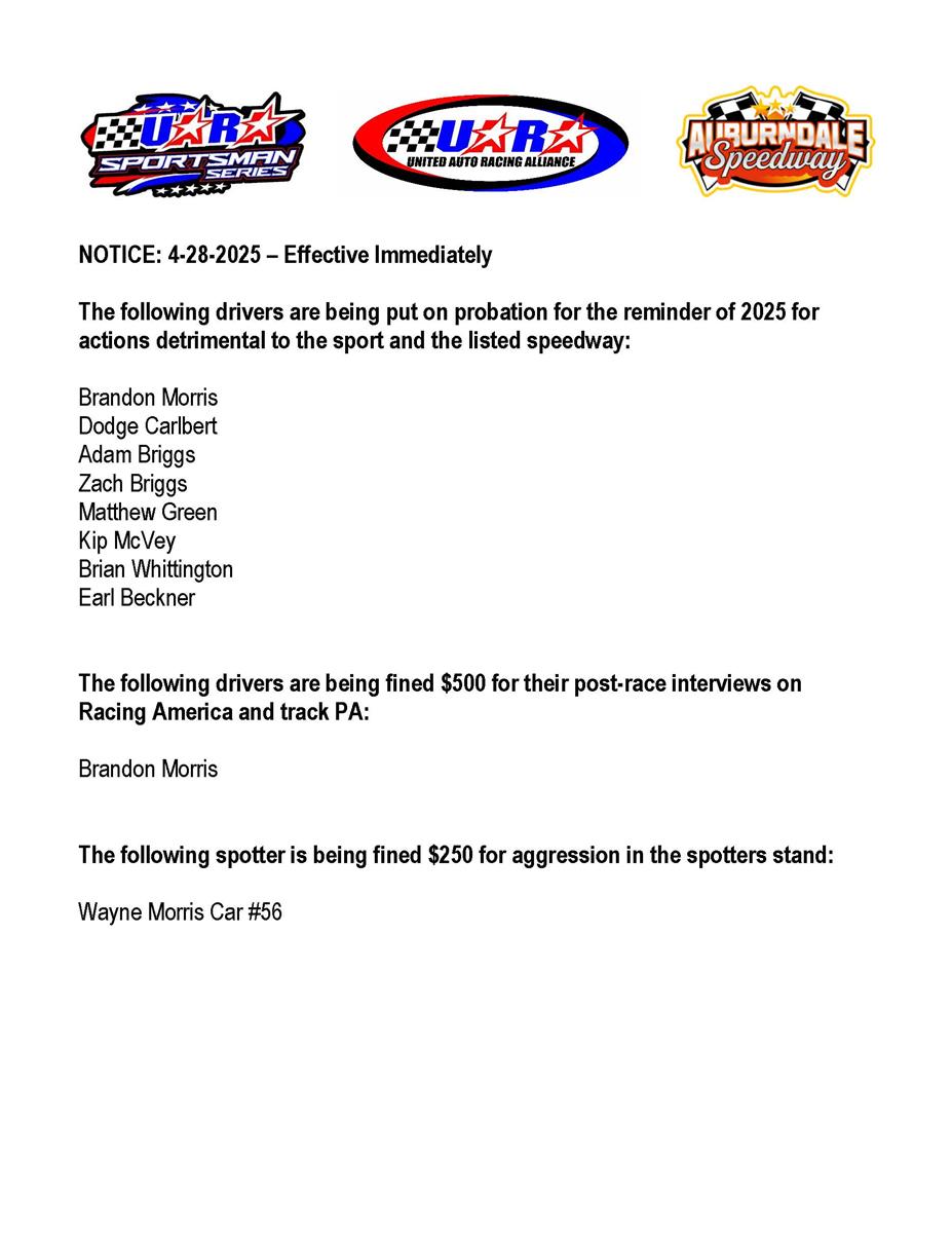Penalties following Auburndale Speedway