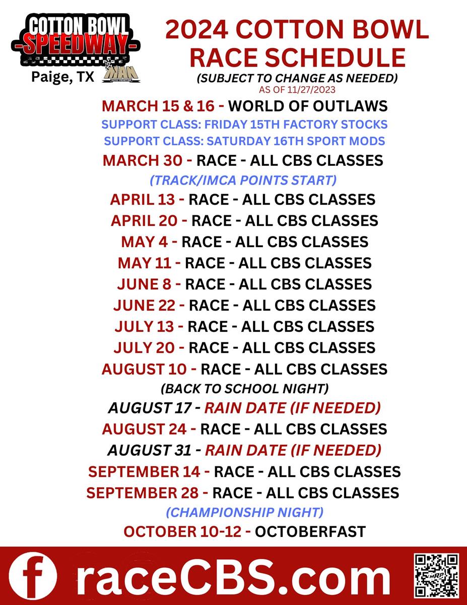2024 Cotton Bowl Speedway schedule release!