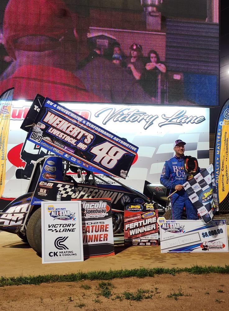Double “D” Danny Dietrich wins the Elijah Hawkins Memorial All Star Circuit of Champions 410 Feature presented by Valvoline at Lincoln Speedway
