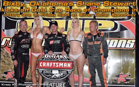 Bixby, Oklahoma&#39;s Shane Stewart kicks-off Gold Cup Race of Champions in victory lane on Friday night at Silver Dollar Speedway