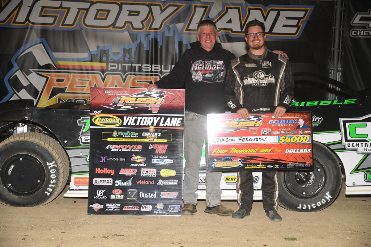 CARSON FERGUSON WINS NIGHT 1 OF “BILL HENDREN MEMORIAL” AT PITTSBURGH IN HIS HOVIS RUSH LATE MODEL DEBUT TO BECOME THE 10TH DIFFERENT FLYNN’S TIRE/GUN