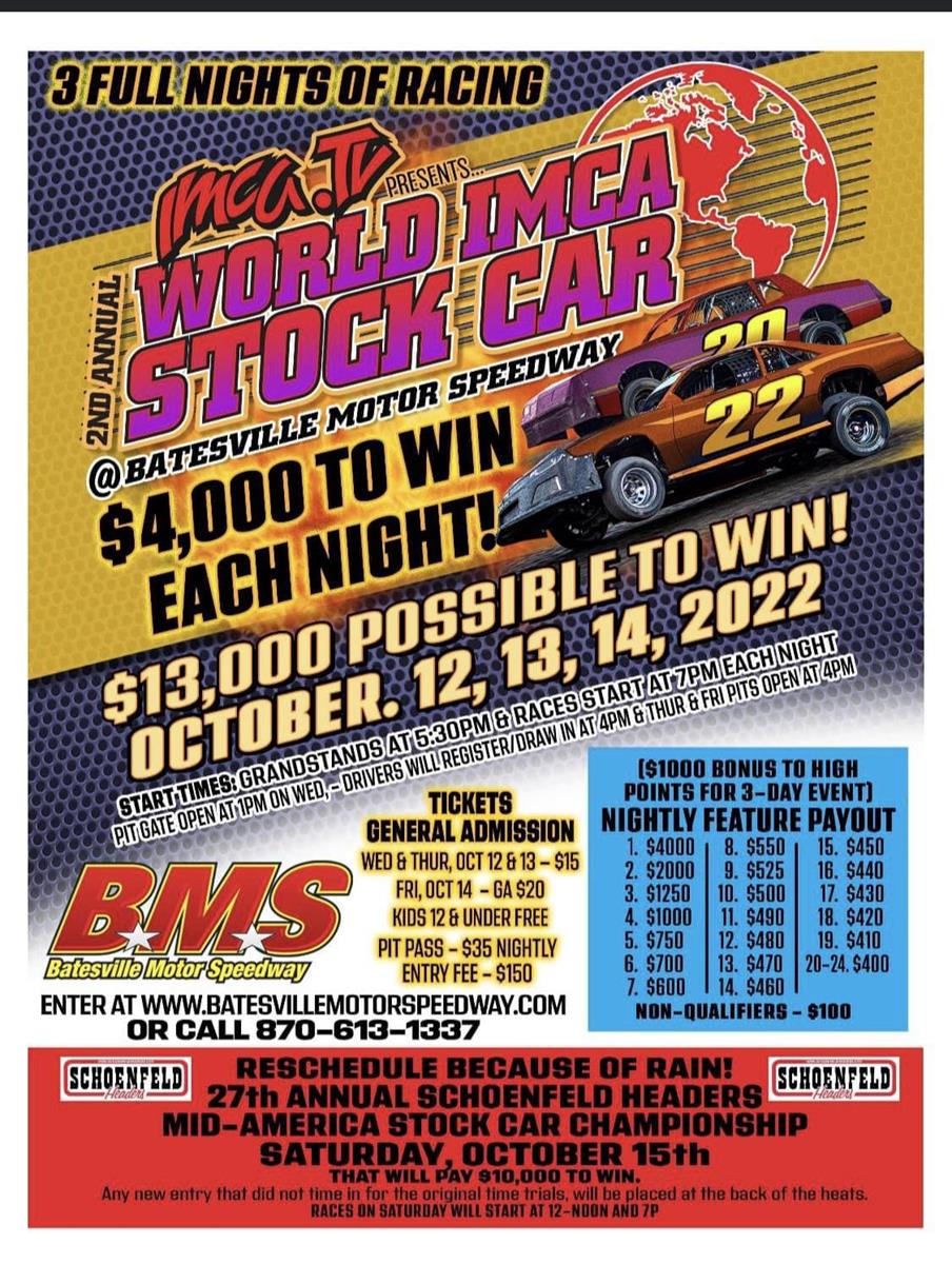 IMCA.TV World IMCA Stock Car Championships and Schoenfeld Headers Mid-America Championship headline October at BMS.
