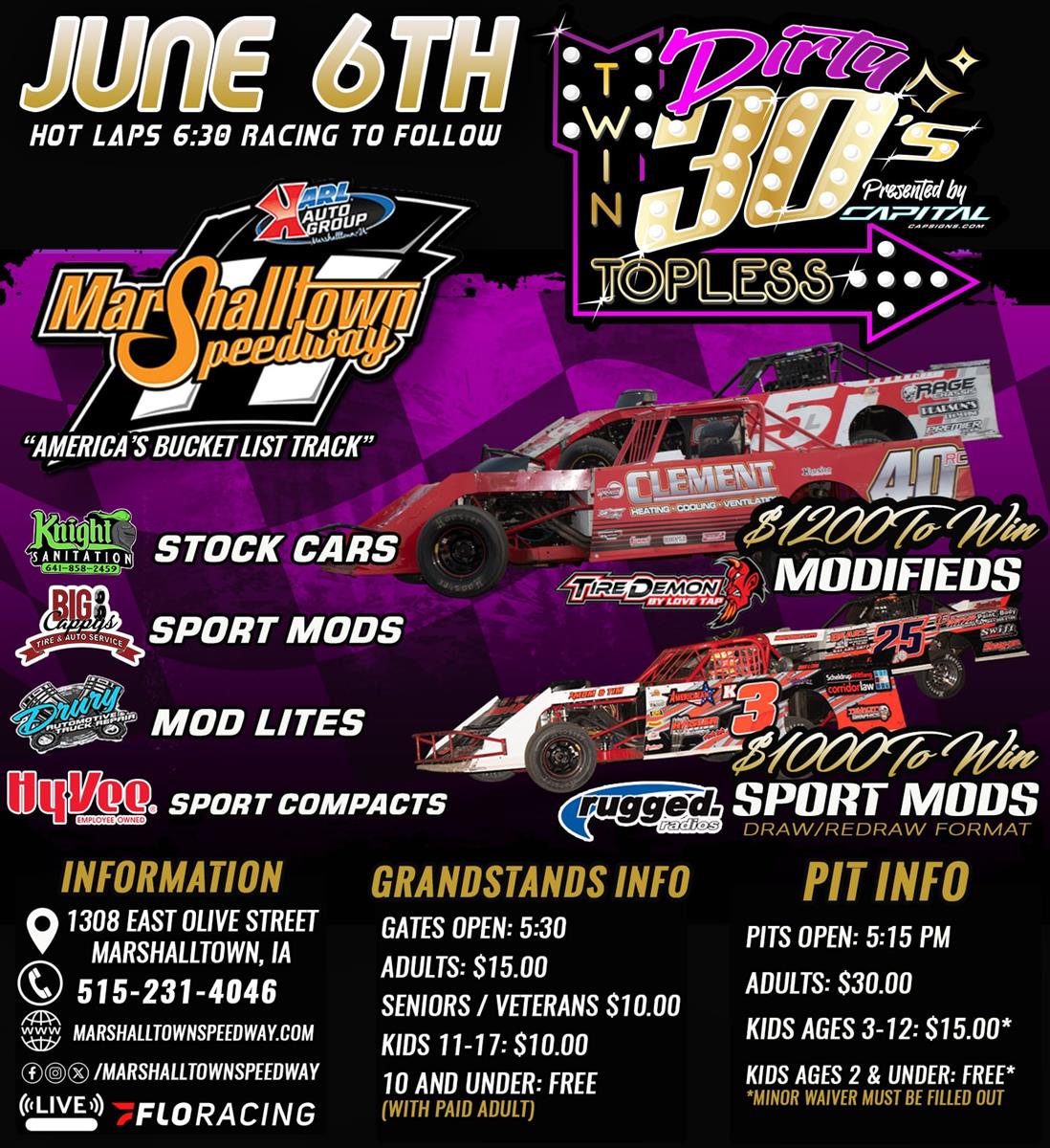 June 6 Capital Signs Twin Dirty 30's for Modifieds and SportMods