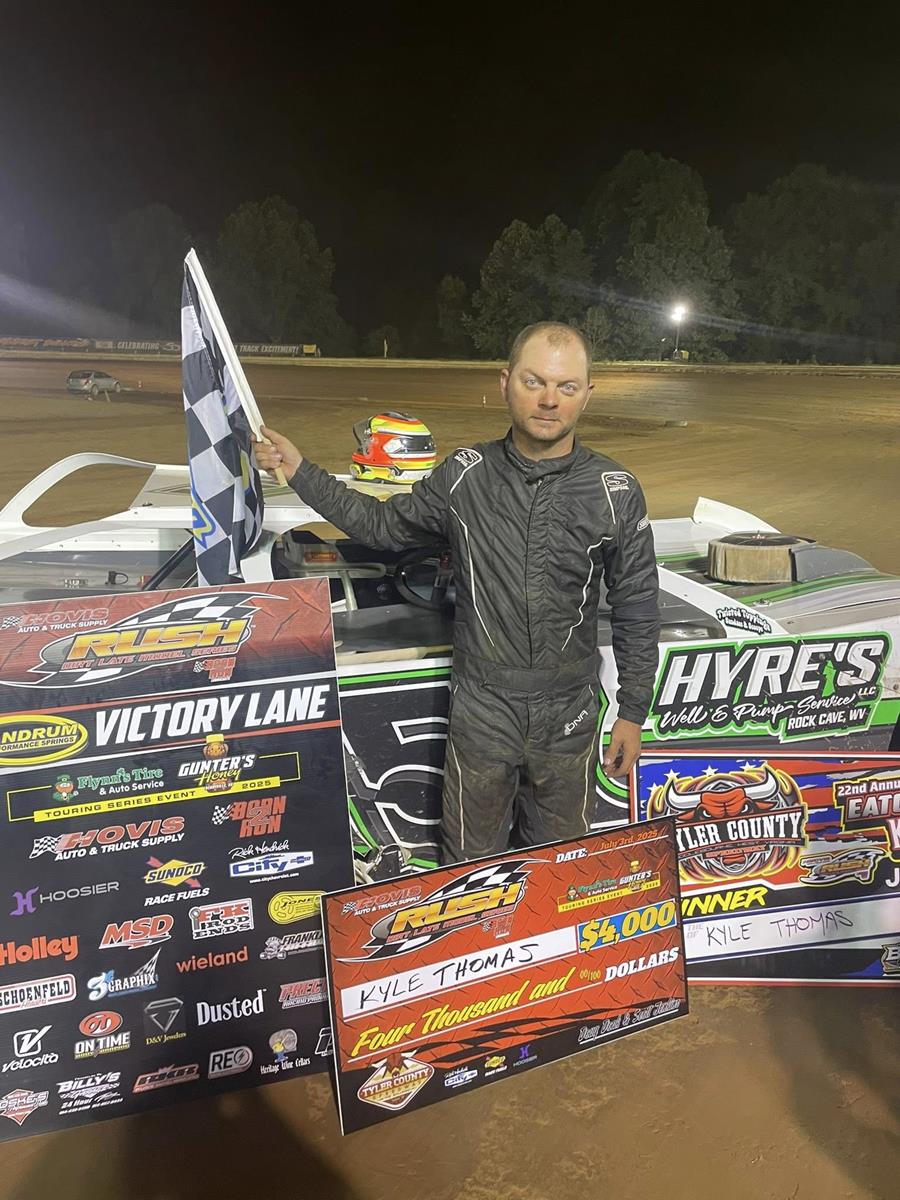 KYLE THOMAS DEFENDS HOME TURF AT TYLER COUNTY WITH HIS 1ST CAREER HOVIS RUSH LATE MODEL FLYNN’s TIRE/GUNTER’S HONEY TOUR VICTORY WORTH $4000