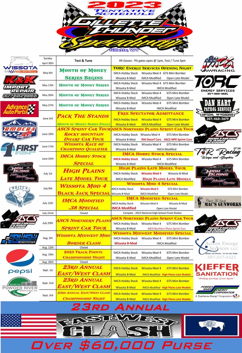 2023 Gillette Thunder Speedway Tentative Schedule
