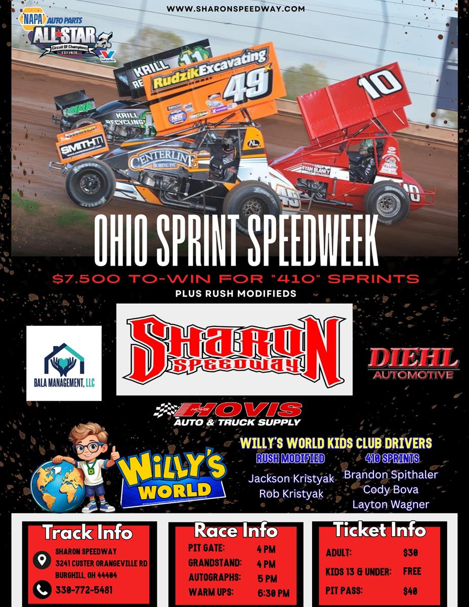 ALL STARS HEAD TO SHARON SATURDAY FOR 43RD ANNUAL OHIO SPRINT SPEEDWEEK; RUSH MODS ALSO IN ACTION
