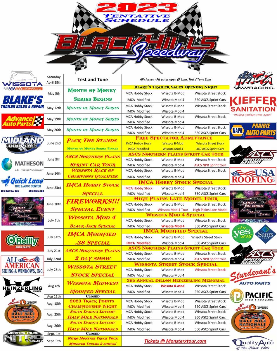 2023 Black Hills Speedway Tentative Schedule