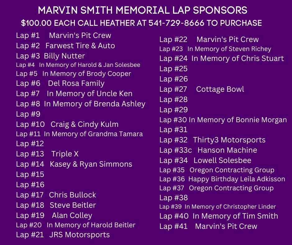 ONLY 10 LAPS LEFT! GET YOUR LAP NOW AND BE PART OF THE 2023 MARVIN SMITH MEMORIAL!!