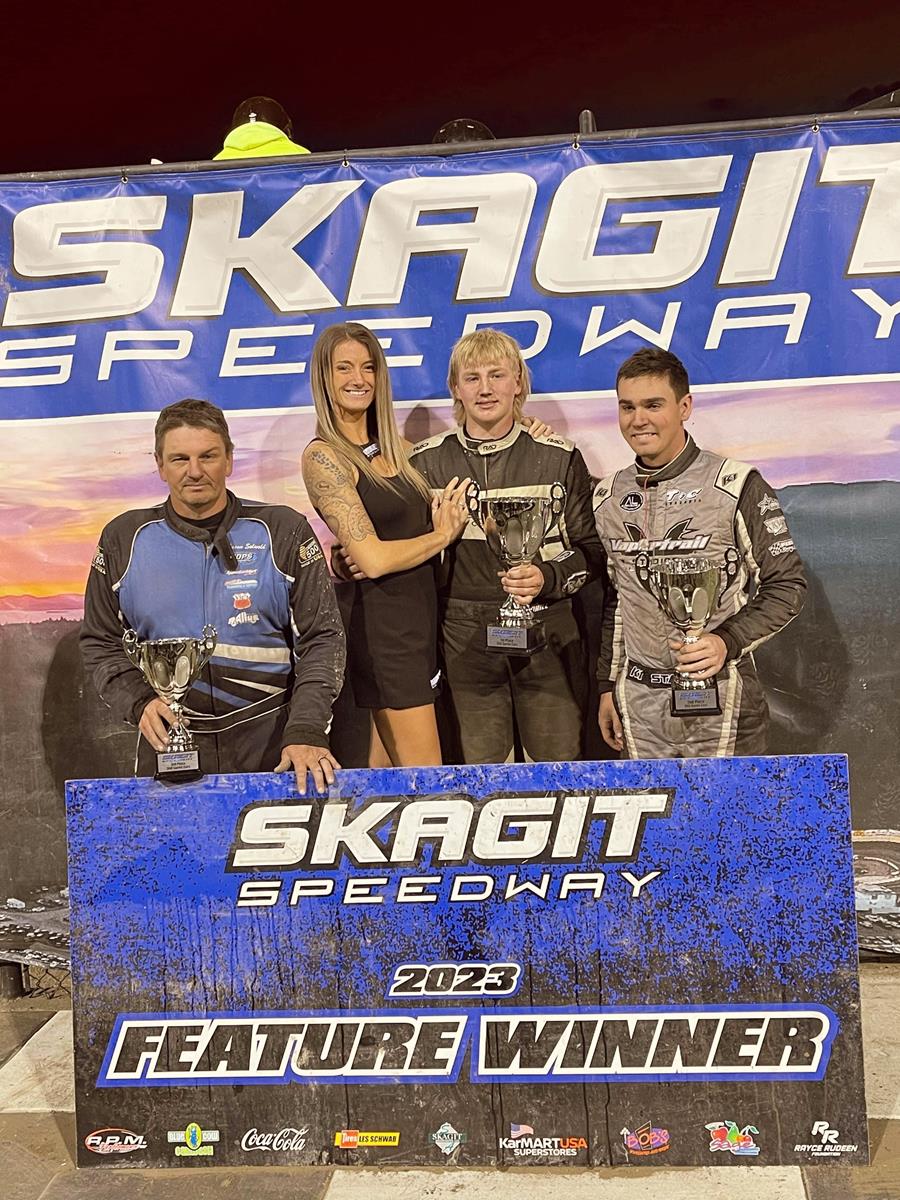 Thornhill, Morris, and Fisher, all park in in Victory Lane at Skagit Speedway