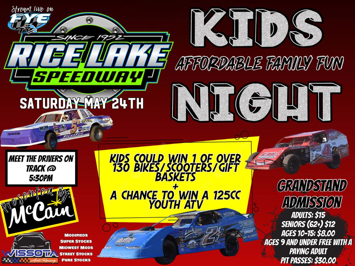 Rice Lake Speedway Wet; Kid's Night Now May 24th