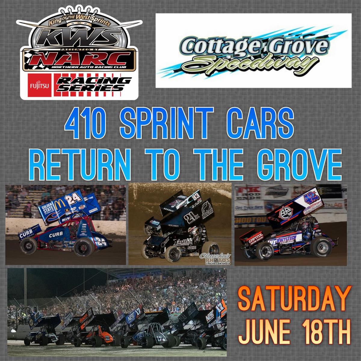 RACING IS STILL ON FOR SATURDAY, JUNE 18TH AT COTTAGE GROVE SPEEDWAY!!