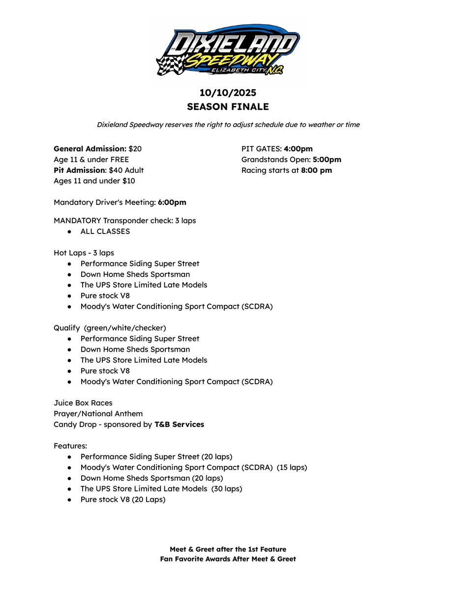 Race Schedule for Oct. 10, 2025
