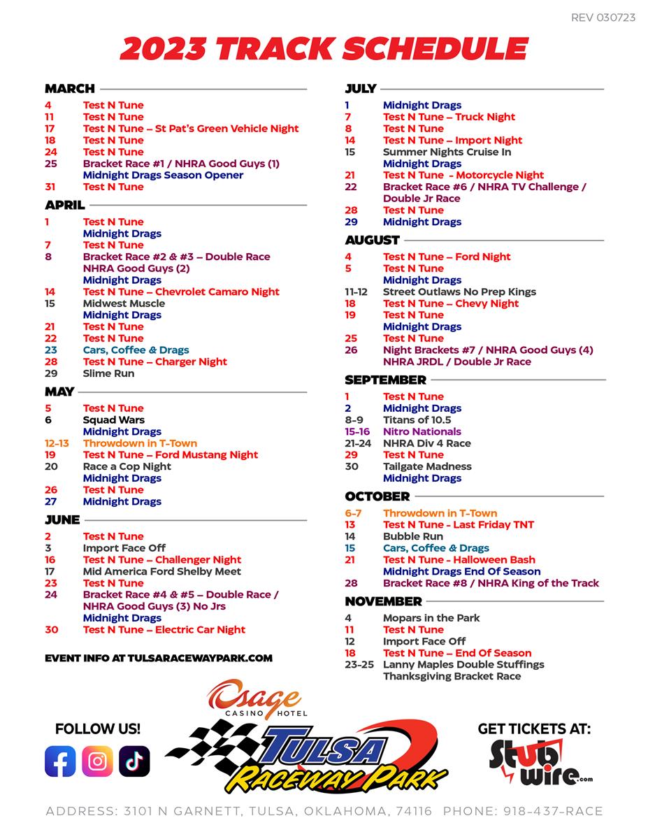 *Updated* Osage Casino Hotel Tulsa Raceway Park 2023 Season Schedule!
