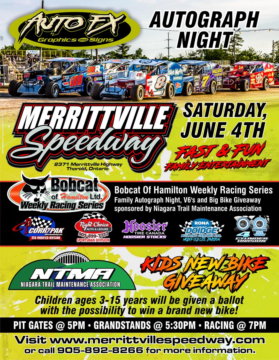 Bike Giveaway and Autograph Night June 4th at Merrittville Speedway