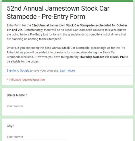 52nd Annual Jamestown Stock Car Stampede - Pre-Entry List