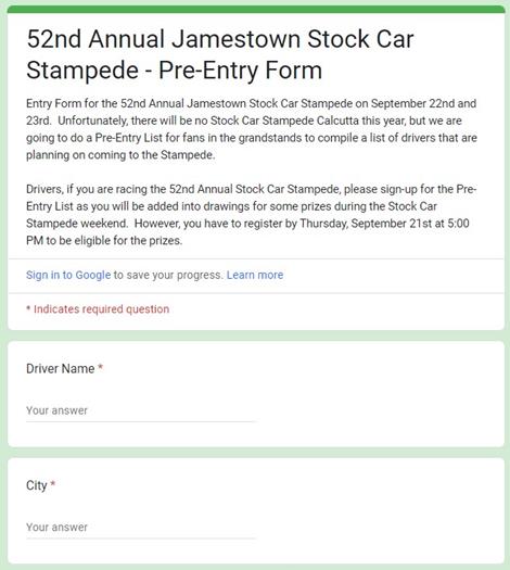 52nd Annual Jamestown Stock Car Stampede - Pre-Entry List