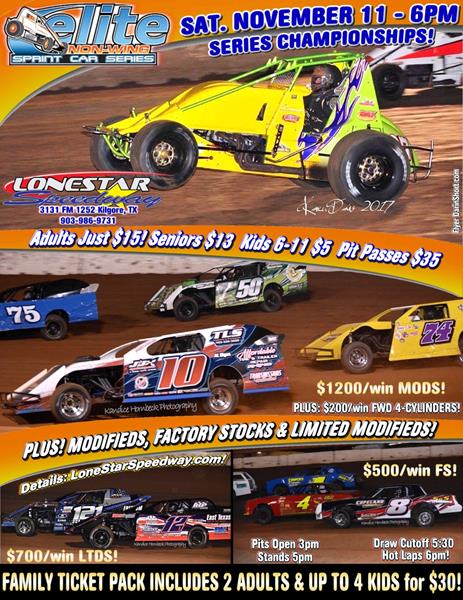 LONESTAR DOUBLEHEADER PAIRS NON-WINGED SPRINTS & TRACK CHAMPS on the HIGH BANKS - SATURDAY, NOVEMBER 11th at 6PM!