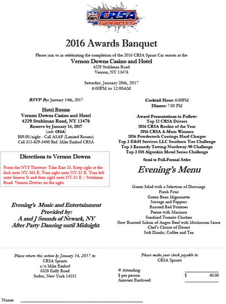 2016 CRSA Sprints Award Banquet Invitation