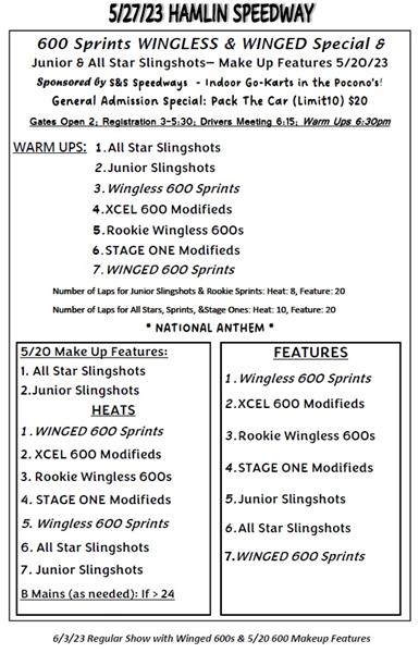 5/27/23 Schedule of Events, 600 Winged/Less Special! & Slingshot Make Up Features