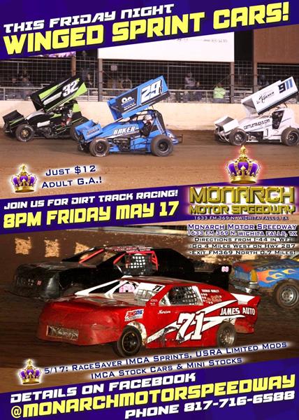 FRI. MAY 17th 8pm: Winged Sprints, IMCA STOCKS, LTD MODS, Mini-Stocks & Non-Winged A-Class 600's!