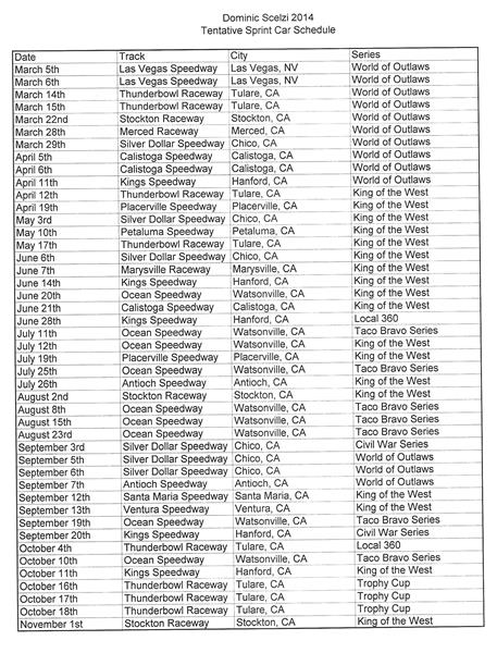 Scelzi Releases Tentative Sprint Car Schedule for 2014 Season