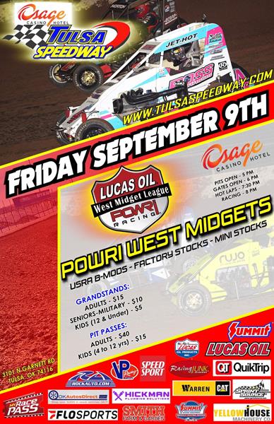Powri West Midgets return to Osage Casino & Hotel Tulsa Speedway Friday September 9th.