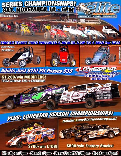 LONESTAR DOUBLEHEADER PAIRS NON-WINGED SPRINTS & TRACK CHAMPS on the HIGH BANKS - SATURDAY, NOVEMBER 10th at 6PM!