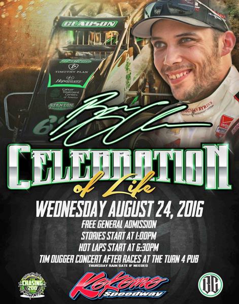 Bryan Clauson's Celebration of Life; Wed, August 24th at Kokomo Speedway