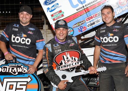 Schatz makes late race pass on Bill Balog to be first World of Outlaws winner in Nashville