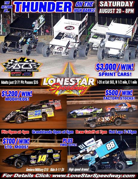 THUNDER on the HIGH BANKS - SATURDAY AUGUST 20th at LONESTAR!