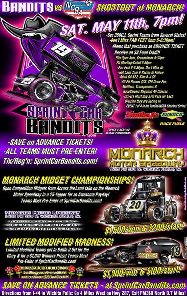 SPRINT CAR BANDITS vs NCRA SHOOTOUT, Midget Championships & Limited Modified Madness TRIPLEHEADER at Monarch Motor Speedway, Saturday May 11!