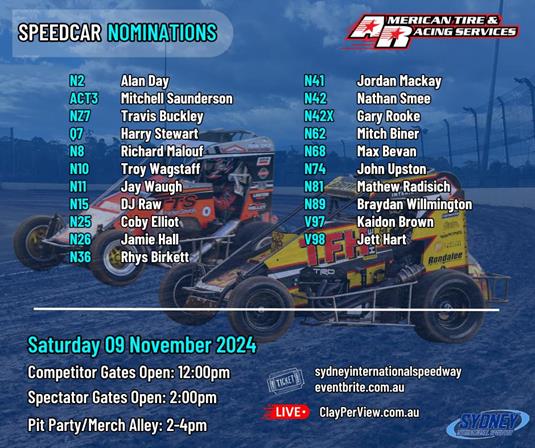 Speedcar Nominations Announced for Sydney International Speedway – This Saturday, November 9!