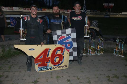 Josh Bussino wins the overall twin 23’s (total 46) in the LaValley Building Supply Dirt Stocks Lucas Wheeler wins on the last lap in the Wells River C