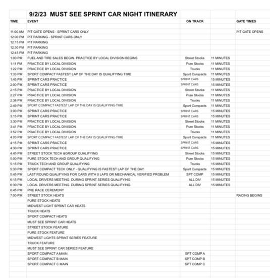 MUST SEE SPRINT CAR ITINERARY SEPT 2ND 2023