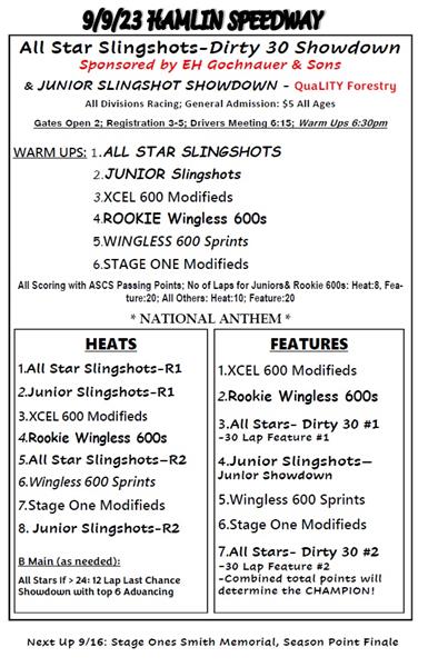 9/9/23 Hamlin Speedway - All Stars "Dirty 30", All Divisions, GA $5 All Ages