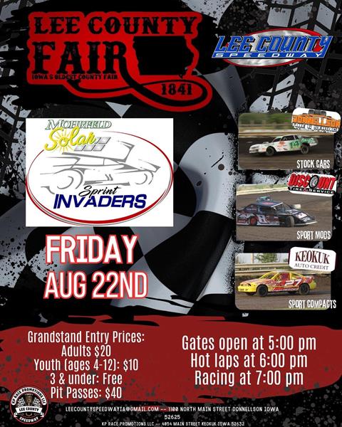 Lee County Speedway Friday for Mohrfeld Solar Sprint Invaders!