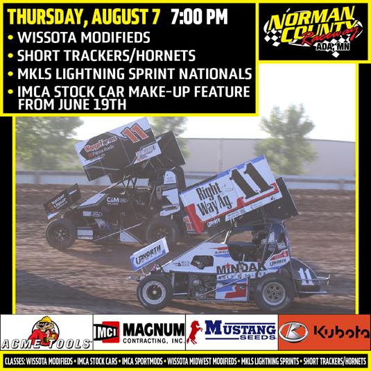 NEXT RACE: Thursday, August 7 – WISSOTA Modifieds | Short Trackers/Hornets | MKLS Lightning Sprint Nationals | IMCA Stock Car make-up feature from Jun