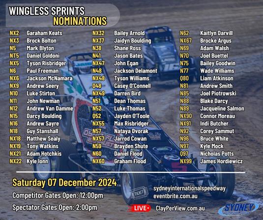 Wingless Sprints Nominations - Saturday 7 December 2024