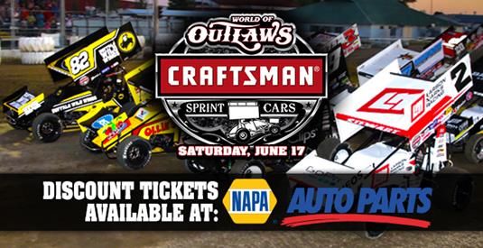 Discount World of Outlaws tickets available at NAPA Auto Parts stores for Red River Valley Speedway event on June 17