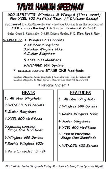 7/9/22 Schedule -600 Wingless & Winged Special! All Divisions Racing!