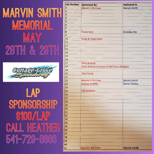 MARVIN SMITH MEMORIAL LAP SPONSORSHIP AVAILABLE NOW!!