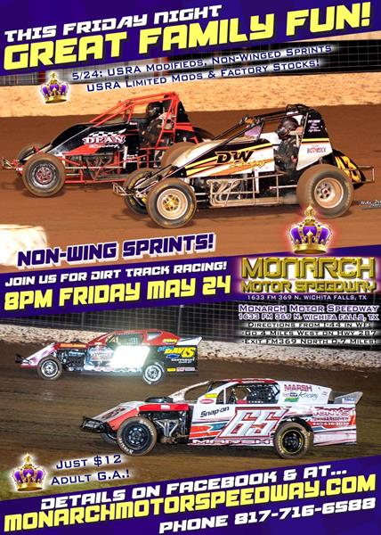 THIS FRIDAY at MONARCH MOTOR SPEEDWAY will feature: NON-WINGED SPRINT CARS, USRA MODIFIEDS, LIMITED MODS & FACTORY STOCKS!